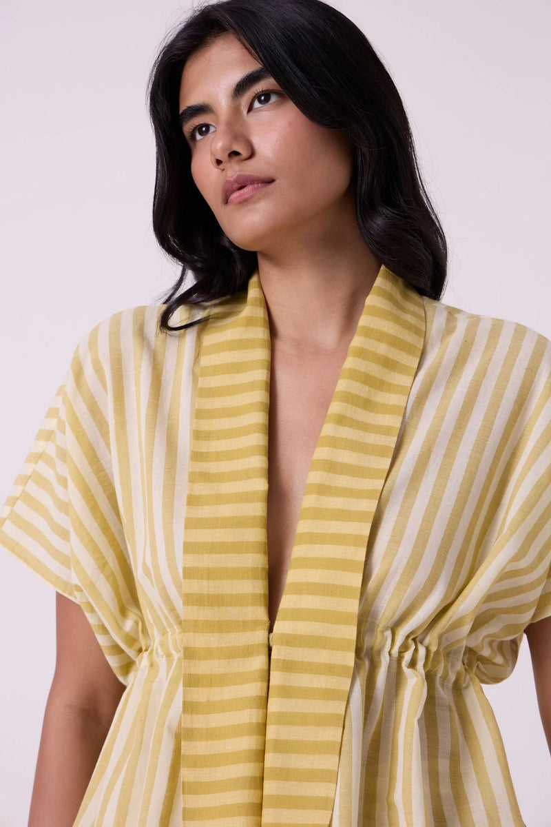 Sajith Yellow Striped Handwoven Tie Top handwoven cotton top/shirt by The Summer House in yellow for women in Singapore