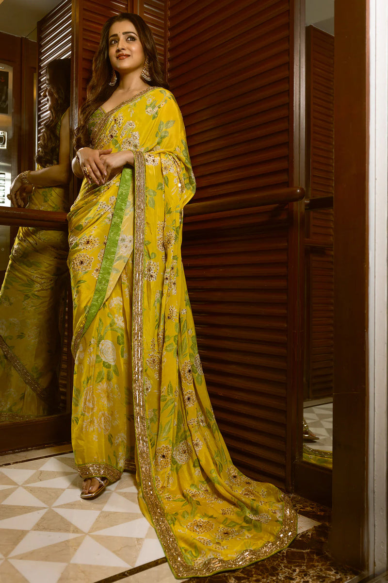 Trisha Krishnan In The Trisha Saree Set crepe saree by Paulmi & Harsh in yellow for women in Singapore