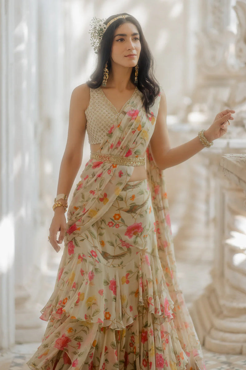 Isra Saree Set viscose georgette saree by Paulmi & Harsh in ivory for women in Singapore