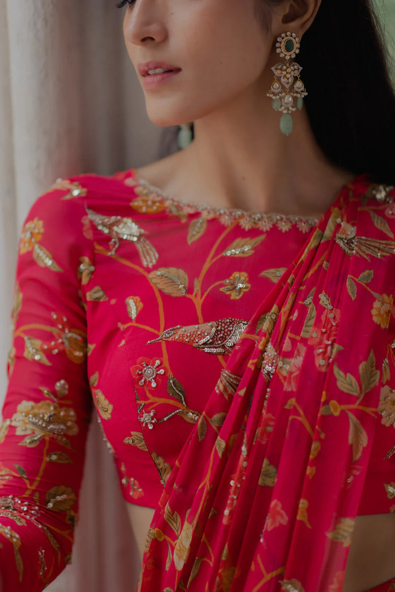 Alaia Saree Set – Peony Pink viscose georgette saree by Paulmi & Harsh in red for women in Singapore