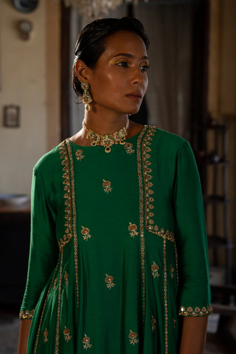 Aakasha Anarkali Set chiniya silk kurta/kurta set by Paulmi & Harsh in green for women in Singapore