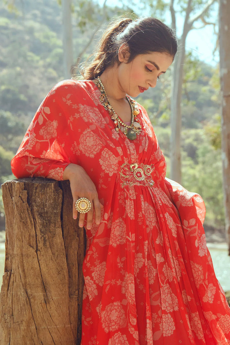 Hazel Kaftan – Red viscose georgette indo-western by Paulmi & Harsh in orange for women in Singapore