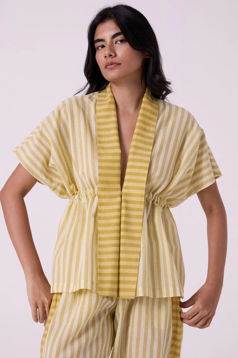 Sajith Yellow Striped Handwoven Tie Top handwoven cotton top/shirt by The Summer House in yellow for women in Singapore