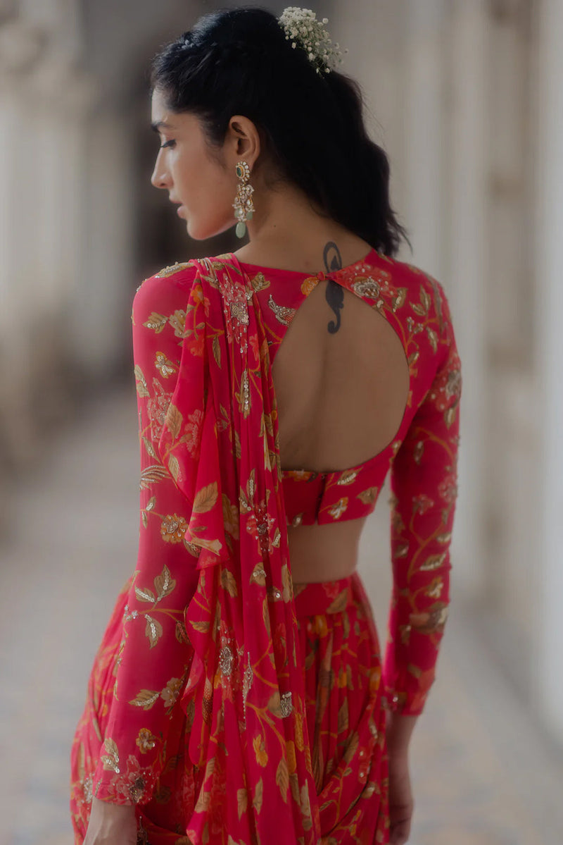 Alaia Saree Set – Peony Pink viscose georgette saree by Paulmi & Harsh in red for women in Singapore