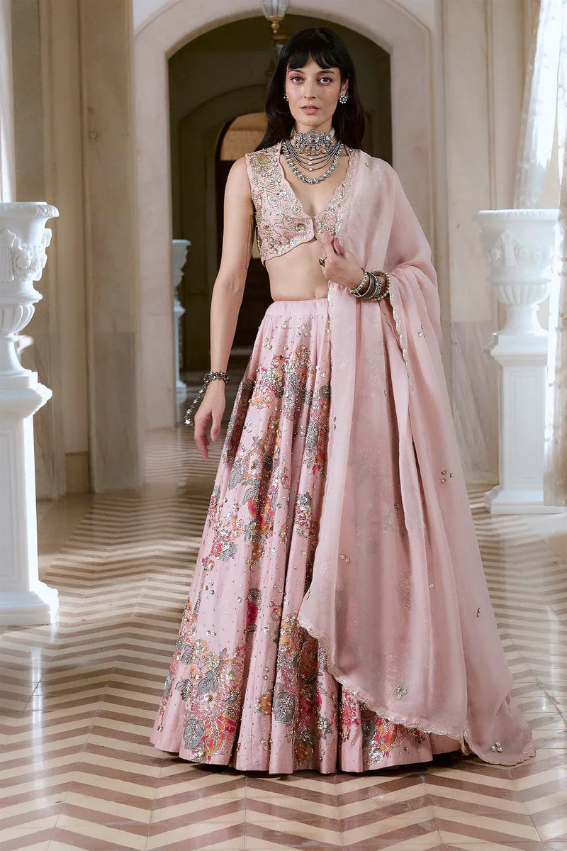 Jaiswal Pragya In The Vincenza Lehenga Set chiniya silk lehenga sets by Paulmi & Harsh in pink for women in Singapore