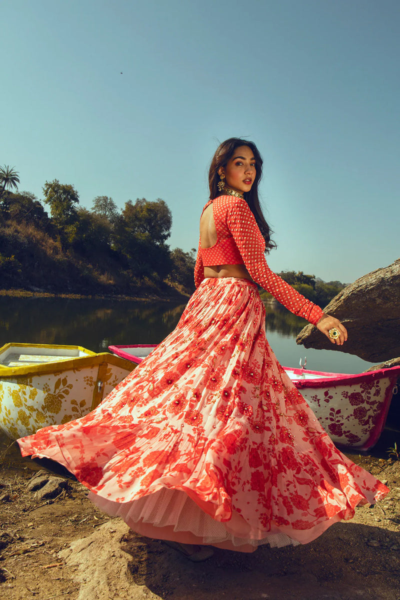 Malavika Mohanan In The Nadya Lehenga Set viscose georgette lehenga sets by Paulmi & Harsh in orange for women in Singapore
