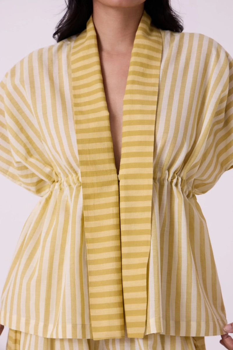 Sajith Yellow Striped Handwoven Tie Top handwoven cotton top/shirt by The Summer House in yellow for women in Singapore
