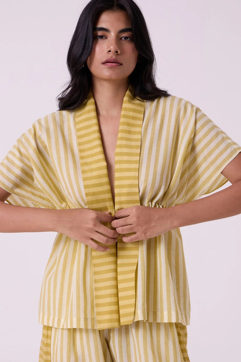 Sajith Yellow Striped Handwoven Tie Top handwoven cotton top/shirt by The Summer House in yellow for women in Singapore