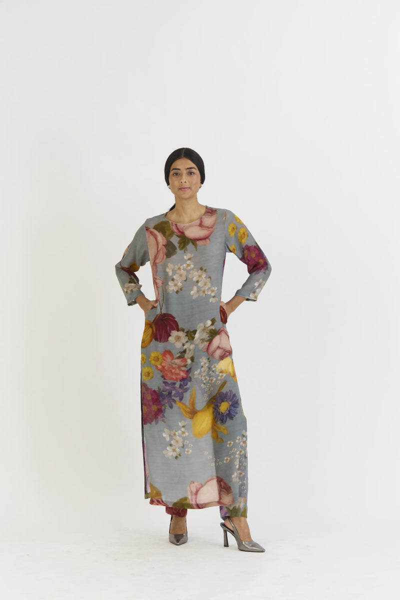 INDIGO ROSE LONG KURTA SET by Yam in blue color for women in Singapore