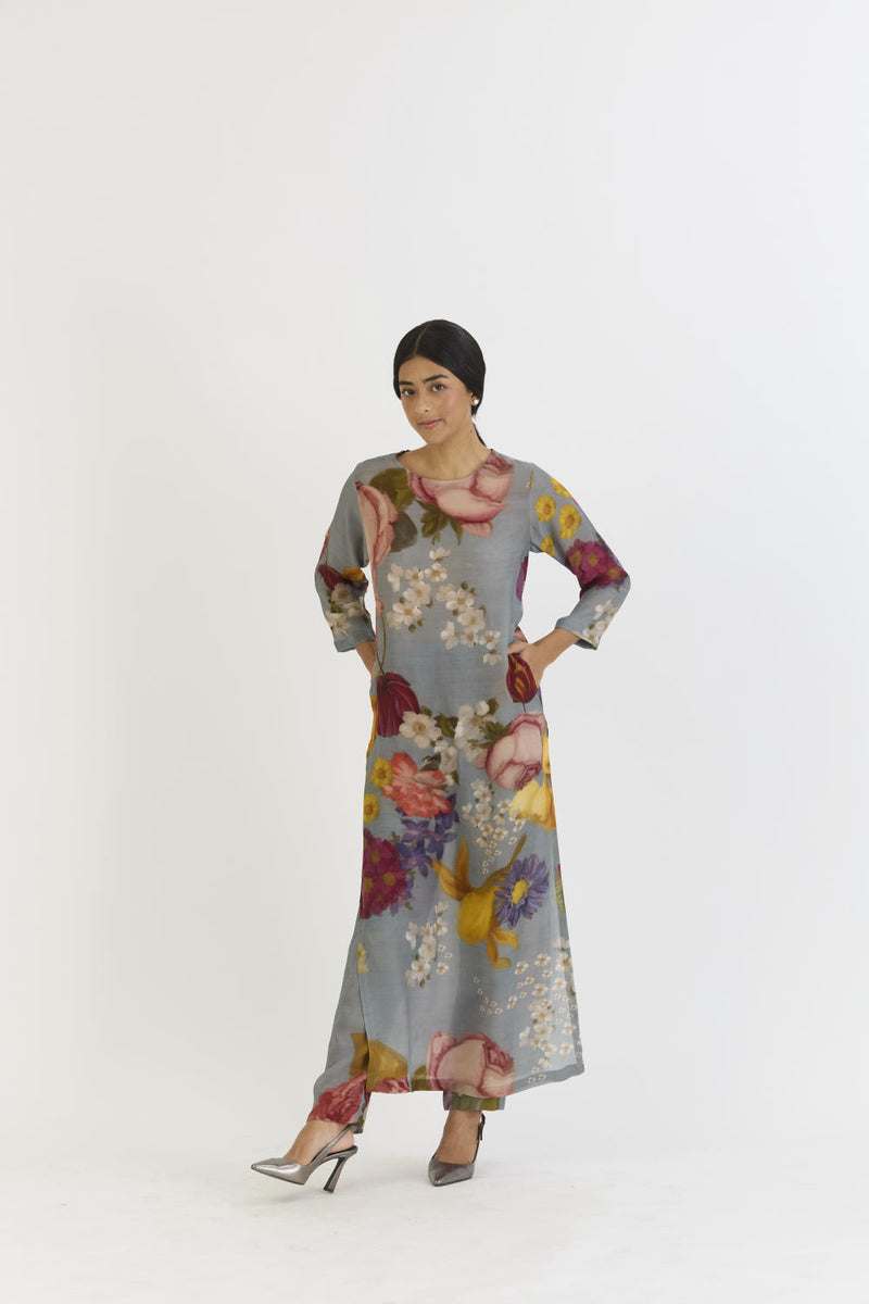 INDIGO ROSE LONG KURTA SET by Yam in blue color for women in Singapore