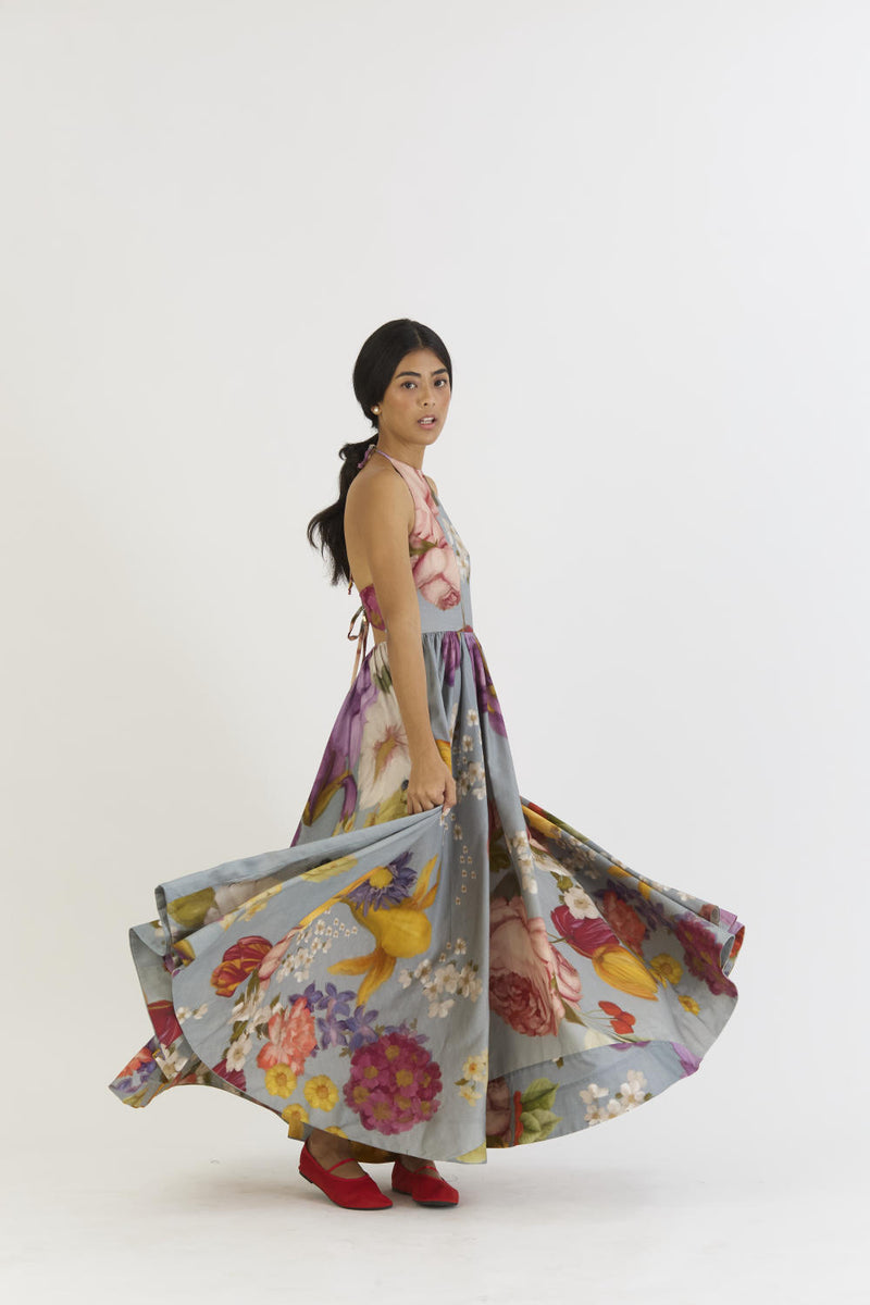 INDIGO ROSE HALTER NECK DRESS satin by Yam in blue color for women in Singapore