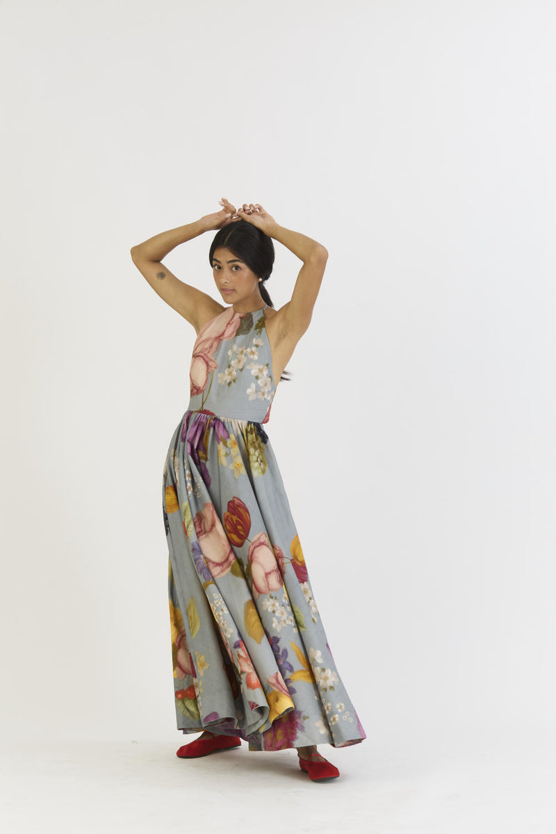 INDIGO ROSE HALTER NECK DRESS satin by Yam in blue color for women in Singapore