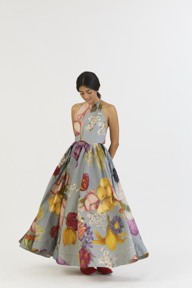 INDIGO ROSE HALTER NECK DRESS satin by Yam in blue color for women in Singapore