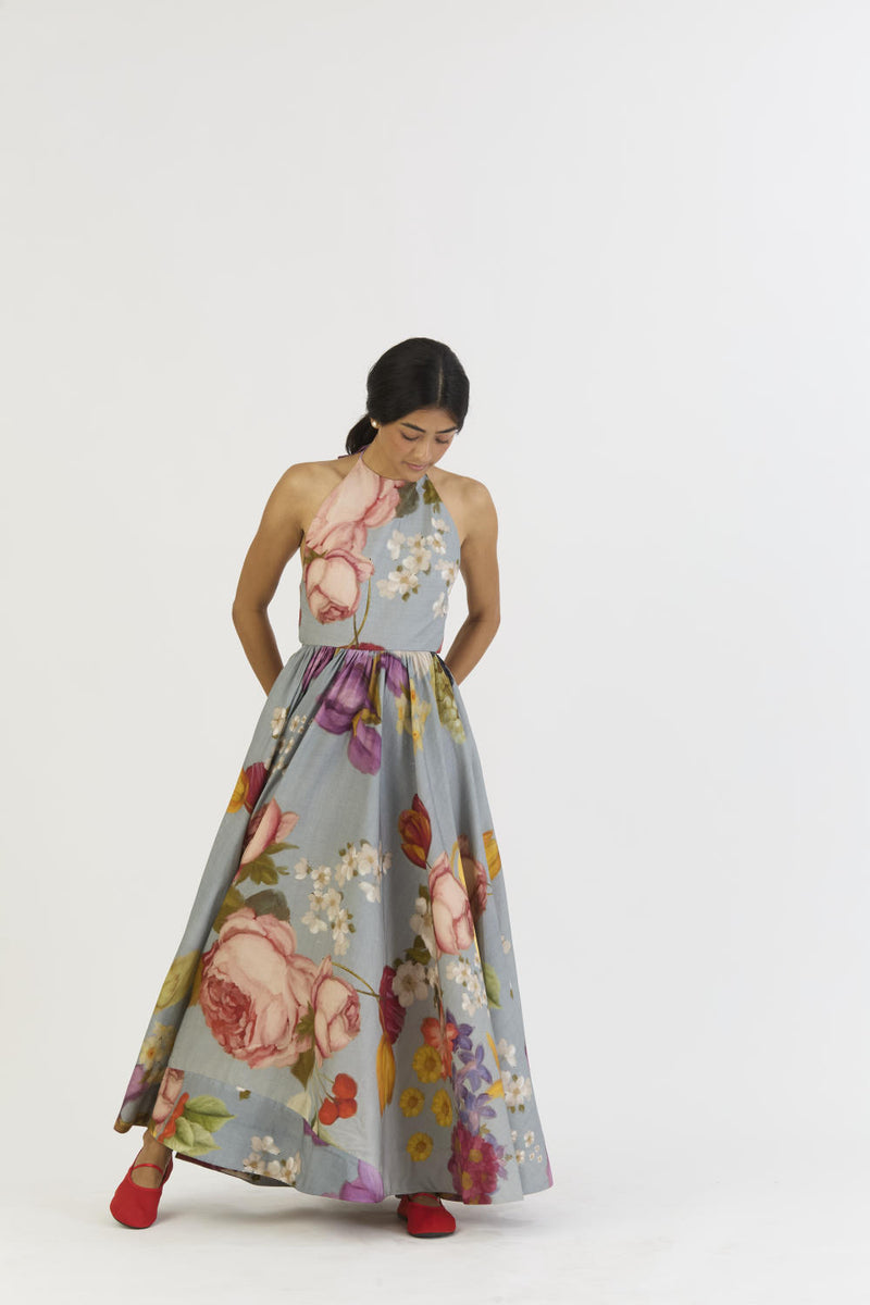 INDIGO ROSE HALTER NECK DRESS satin by Yam in blue color for women in Singapore