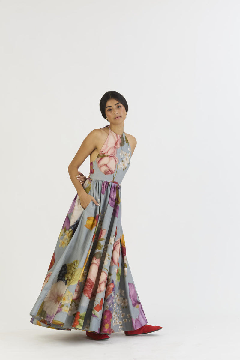 INDIGO ROSE HALTER NECK DRESS satin by Yam in blue color for women in Singapore