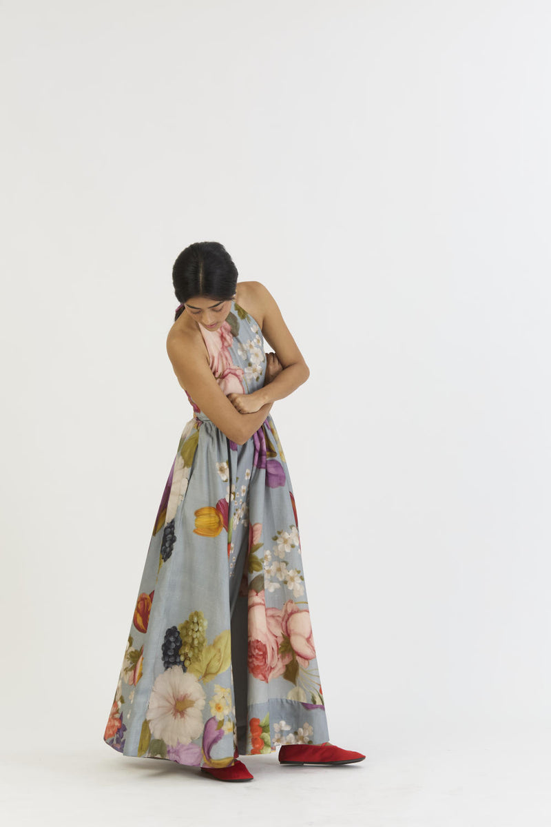 INDIGO ROSE HALTER NECK DRESS satin by Yam in blue color for women in Singapore