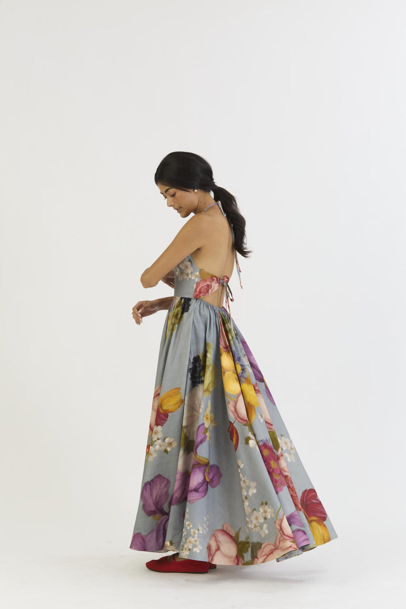 INDIGO ROSE HALTER NECK DRESS satin by Yam in blue color for women in Singapore