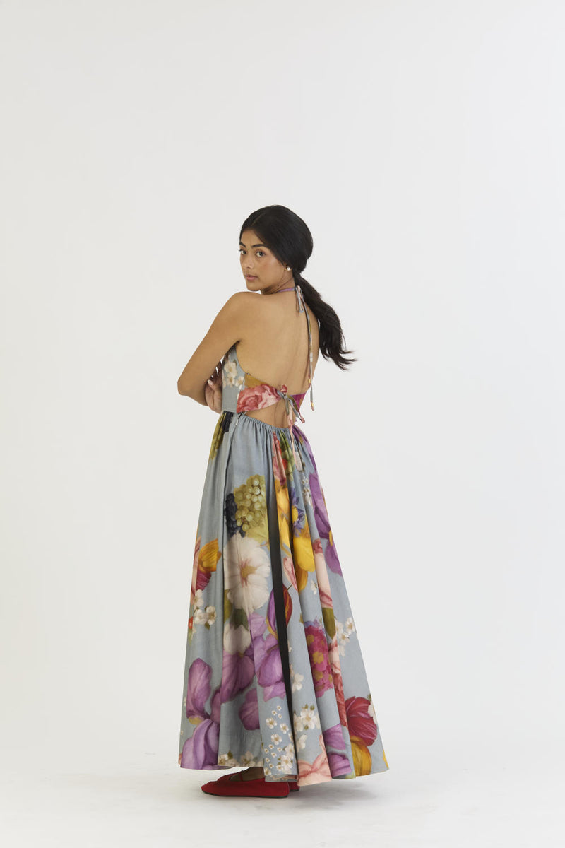 INDIGO ROSE HALTER NECK DRESS satin by Yam in blue color for women in Singapore