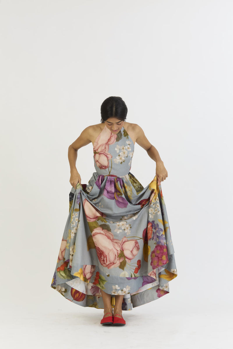 INDIGO ROSE HALTER NECK DRESS satin by Yam in blue color for women in Singapore