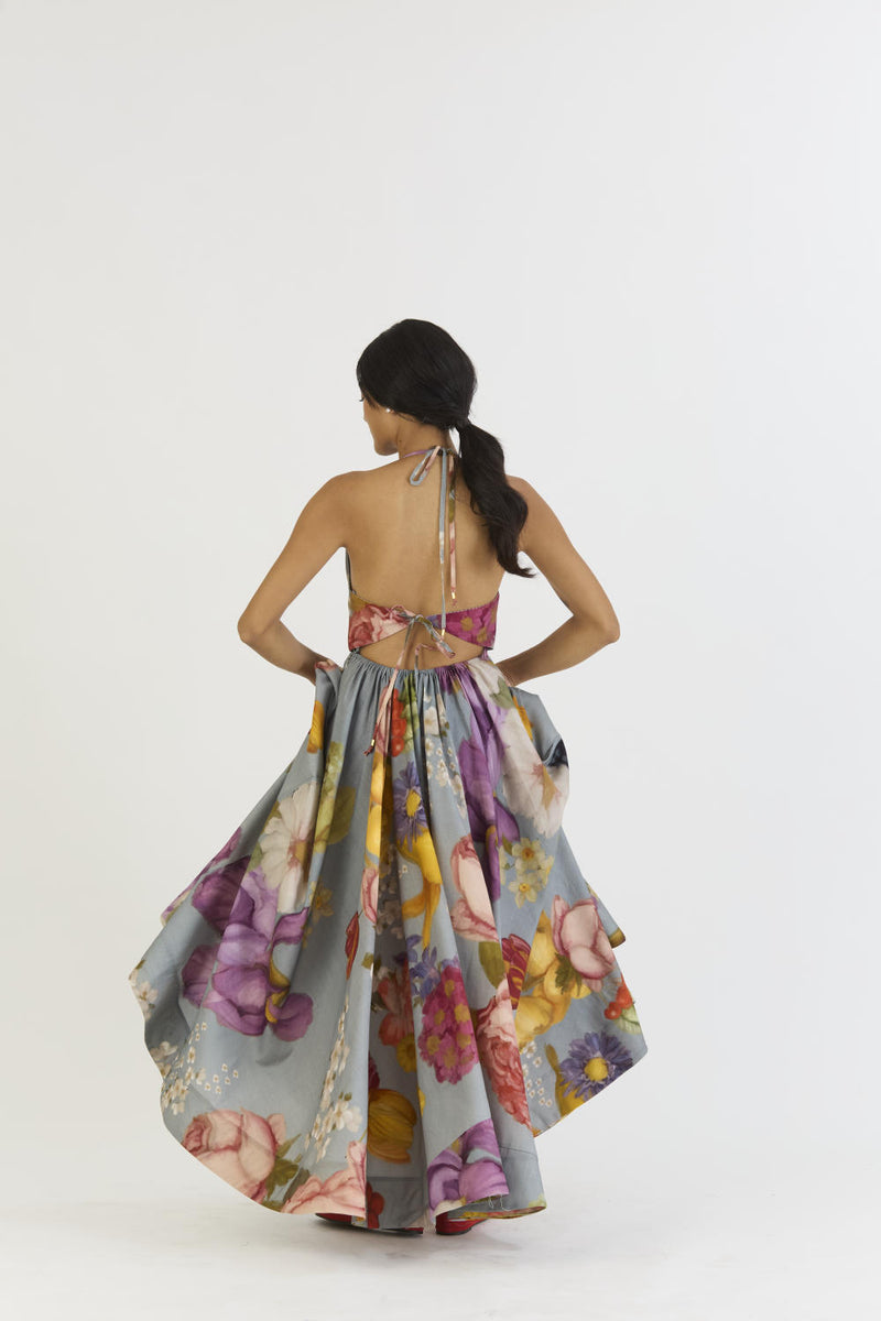 INDIGO ROSE HALTER NECK DRESS satin by Yam in blue color for women in Singapore