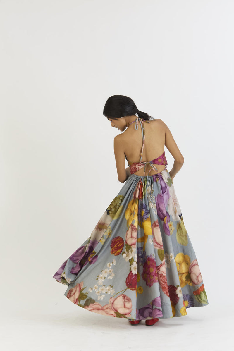 INDIGO ROSE HALTER NECK DRESS satin by Yam in blue color for women in Singapore