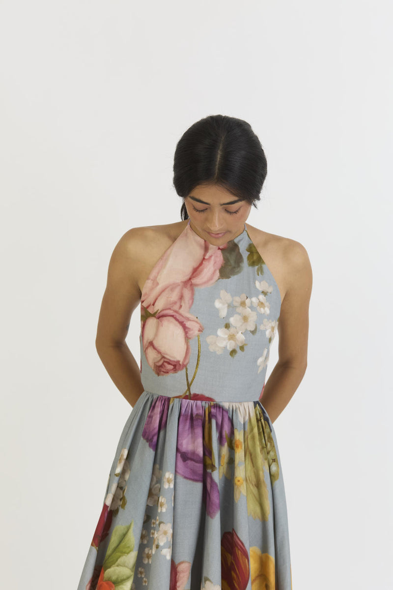 INDIGO ROSE HALTER NECK DRESS satin by Yam in blue color for women in Singapore