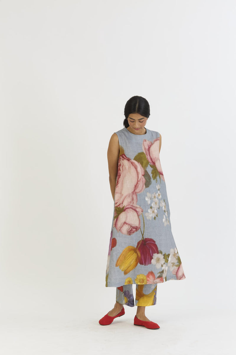 INDIGO ROSE LINEN KURTA SET linen by Yam in blue color for women in Singapore