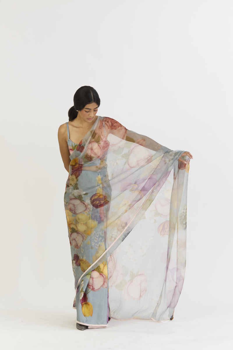 INDIGO ROSE HALF SILK HALF ORGANZA SAREE silk by Yam in blue color for women in Singapore