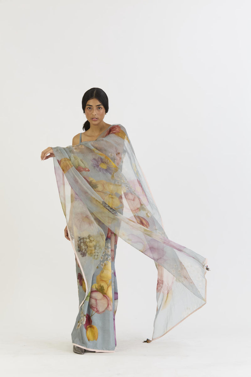 INDIGO ROSE HALF SILK HALF ORGANZA SAREE silk by Yam in blue color for women in Singapore