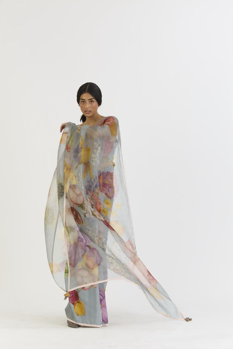 INDIGO ROSE HALF SILK HALF ORGANZA SAREE silk by Yam in blue color for women in Singapore