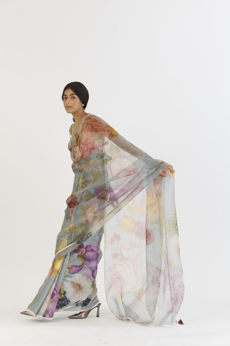 INDIGO ROSE HALF SILK HALF ORGANZA SAREE silk by Yam in blue color for women in Singapore