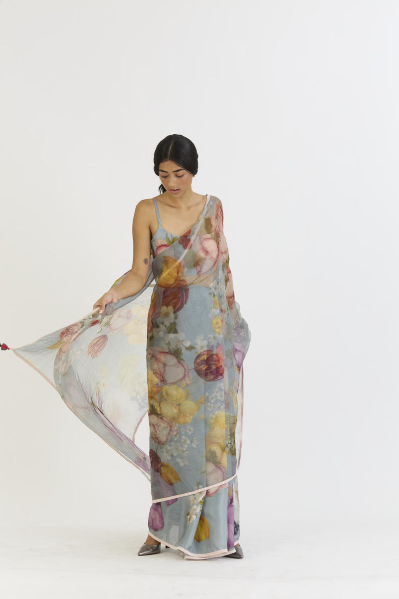 INDIGO ROSE HALF SILK HALF ORGANZA SAREE silk by Yam in blue color for women in Singapore