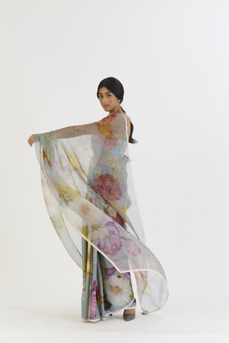 INDIGO ROSE HALF SILK HALF ORGANZA SAREE silk by Yam in blue color for women in Singapore