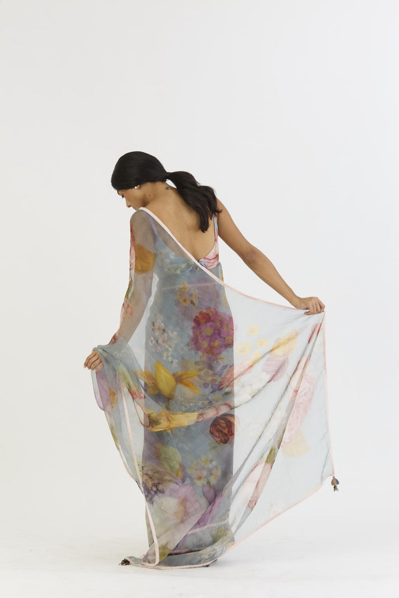 INDIGO ROSE HALF SILK HALF ORGANZA SAREE silk by Yam in blue color for women in Singapore