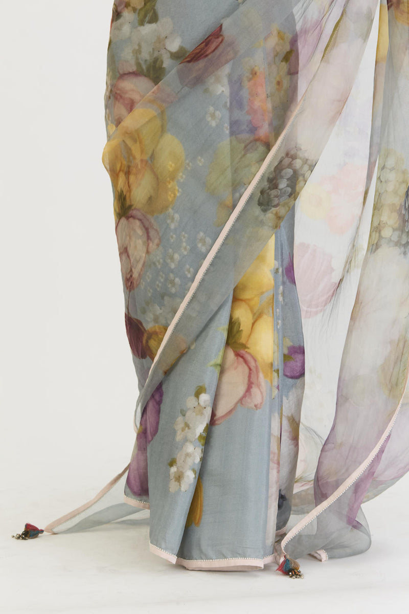 INDIGO ROSE HALF SILK HALF ORGANZA SAREE silk by Yam in blue color for women in Singapore