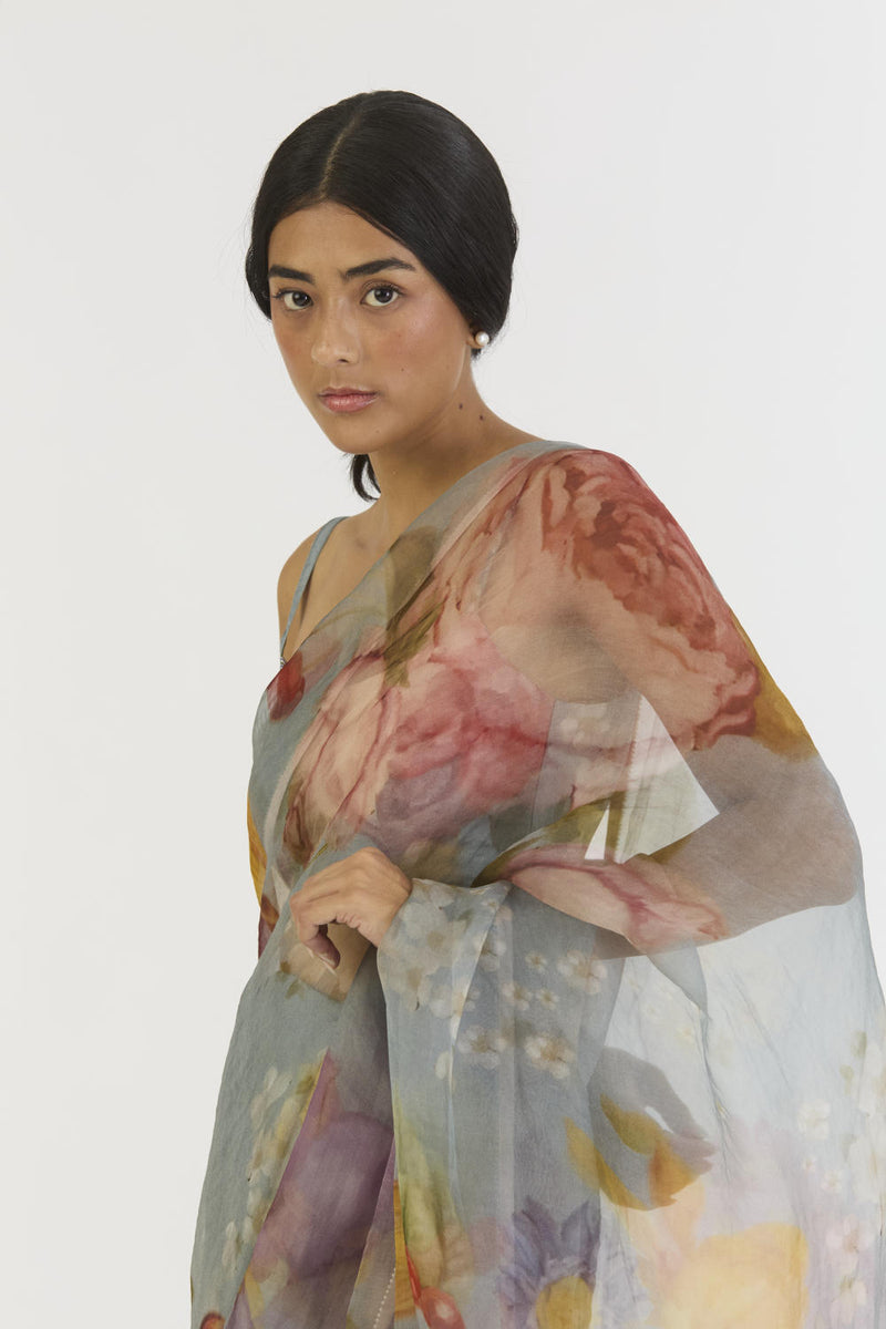 INDIGO ROSE HALF SILK HALF ORGANZA SAREE silk by Yam in blue color for women in Singapore