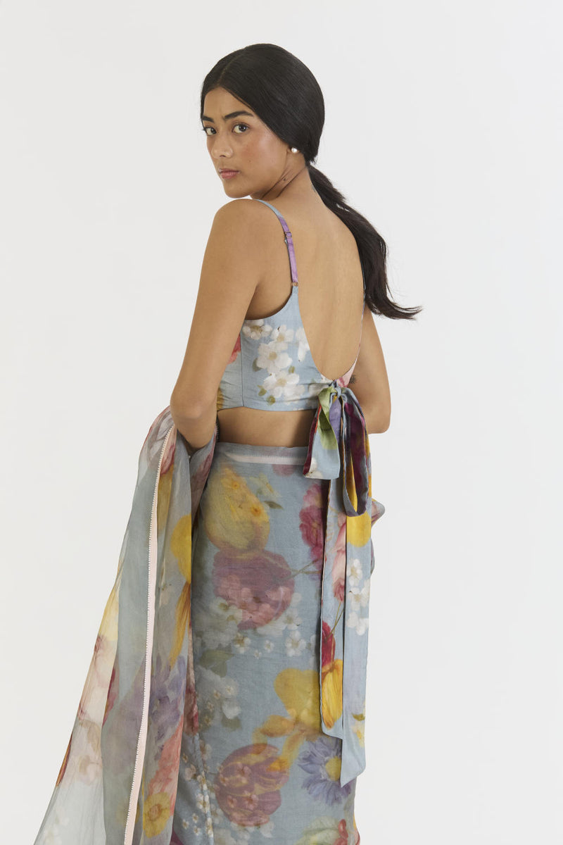 INDIGO ROSE HALF SILK HALF ORGANZA SAREE silk by Yam in blue color for women in Singapore