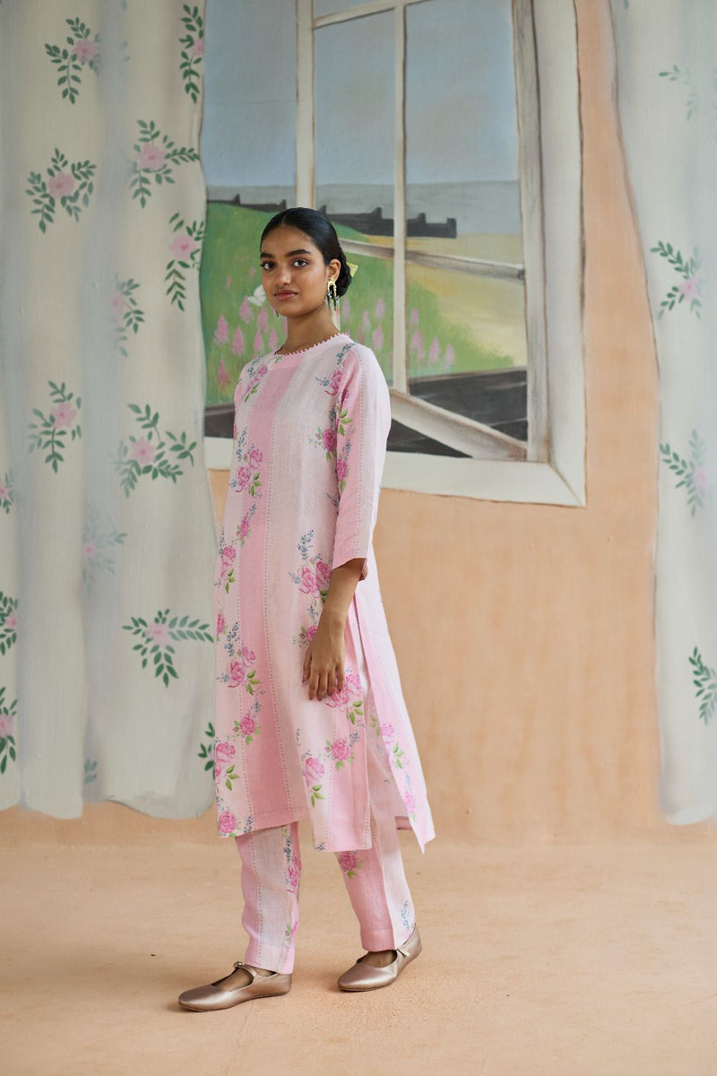 Rose Haze Long Kurta Set Linen