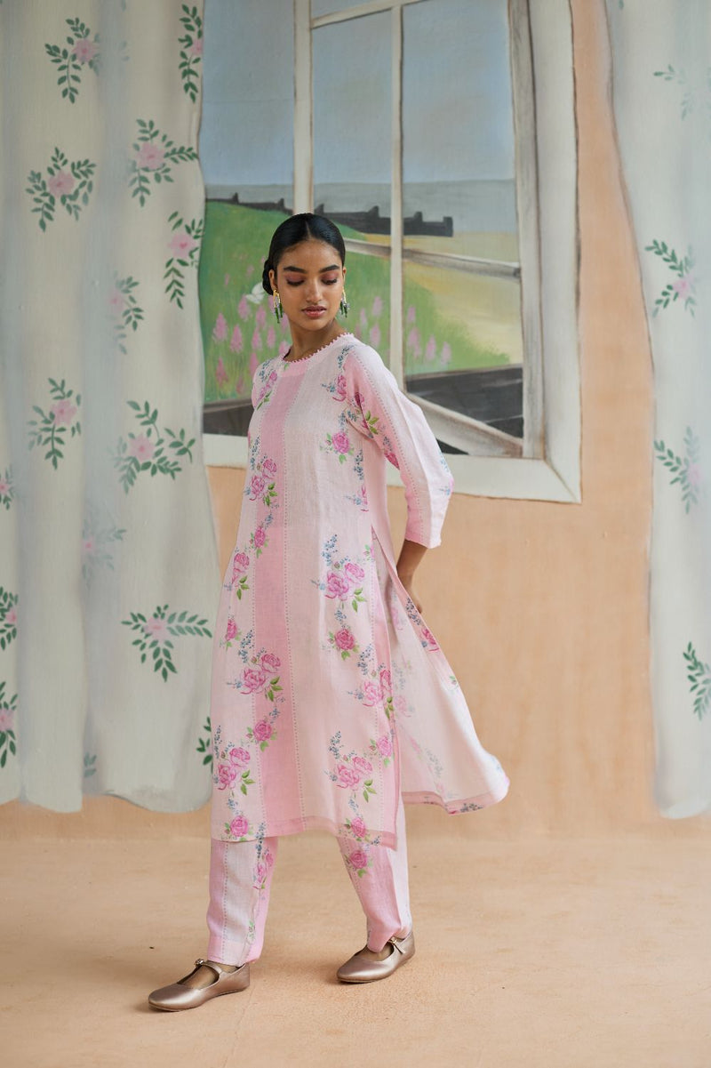 Rose Haze Long Kurta Set Linen