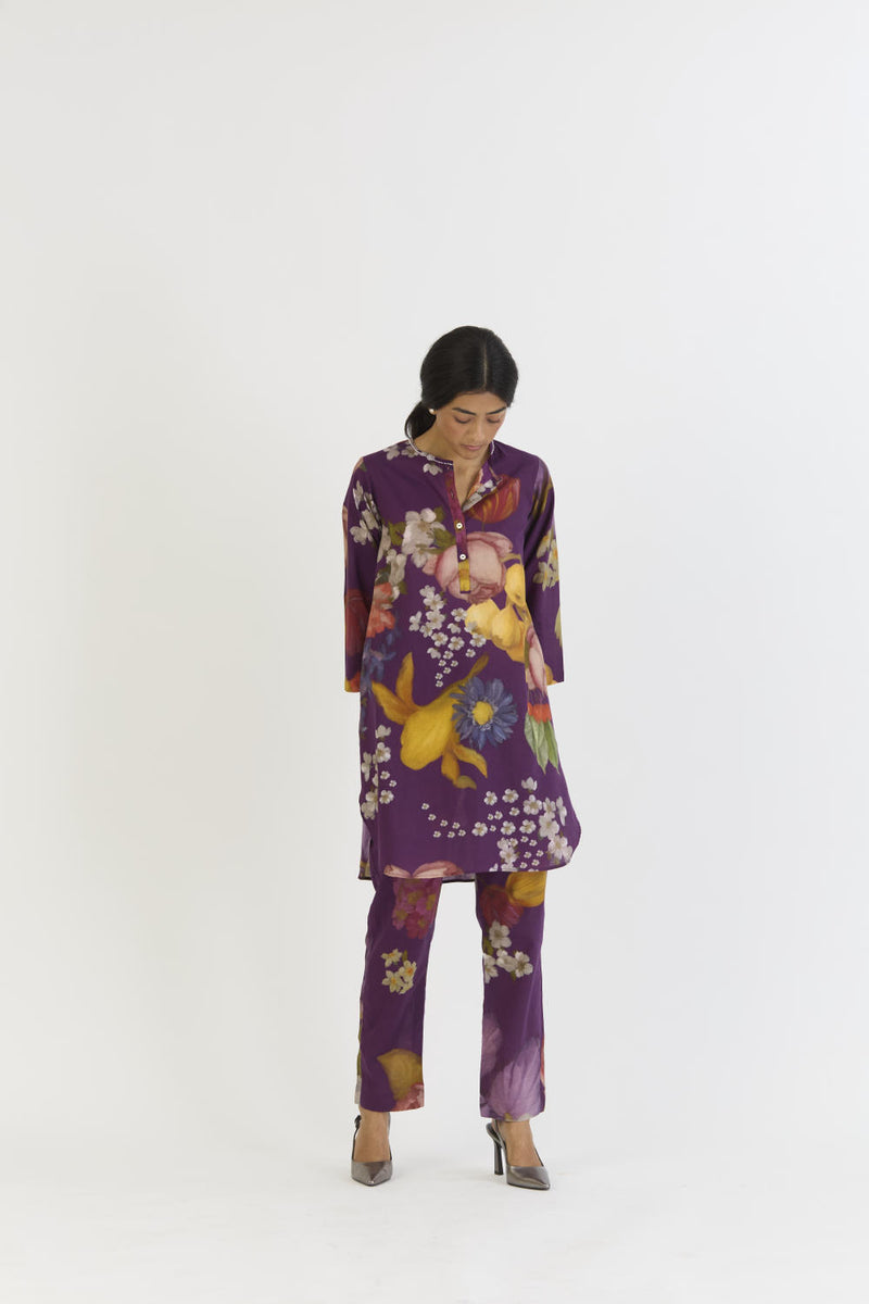 JAMUN SHORT KURTA SET cotton by Yam in purple color for women in Singapore
