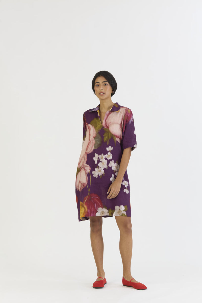 JAMUN SHORT COLLARED DRESS linen by Yam in purple color for women in Singapore