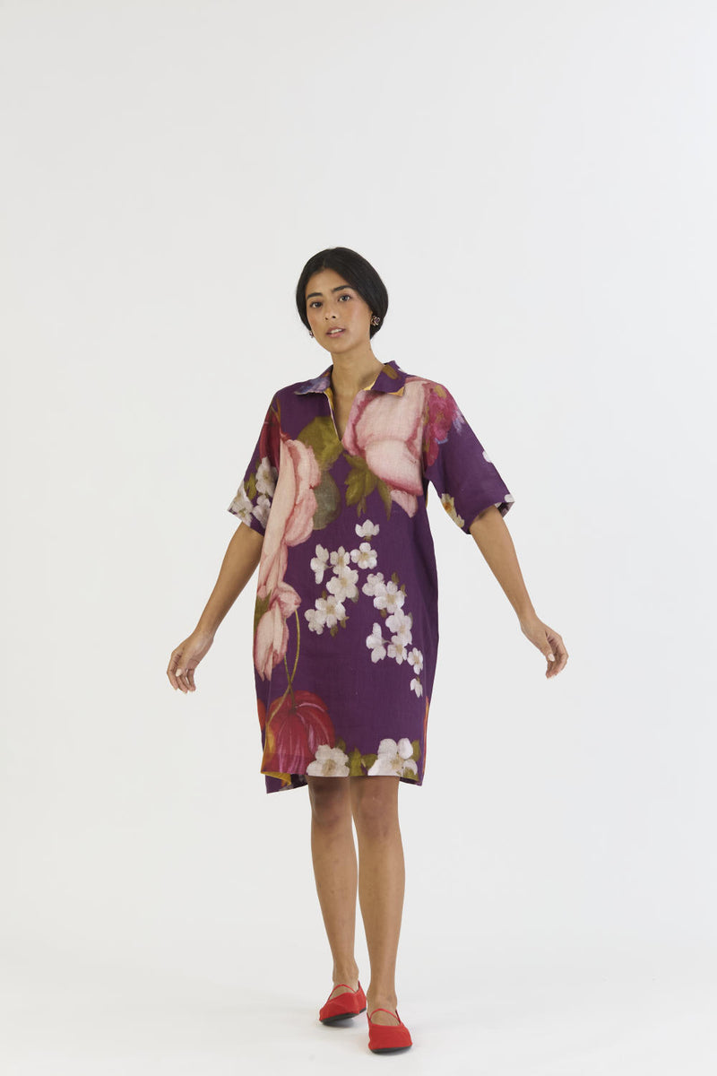 JAMUN SHORT COLLARED DRESS linen by Yam in purple color for women in Singapore