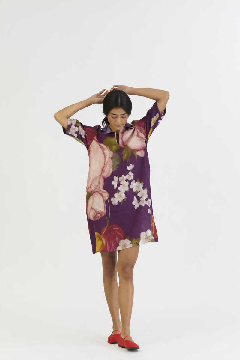 JAMUN SHORT COLLARED DRESS linen by Yam in purple color for women in Singapore