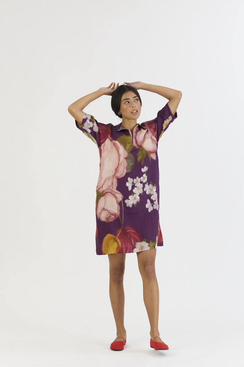 JAMUN SHORT COLLARED DRESS linen by Yam in purple color for women in Singapore