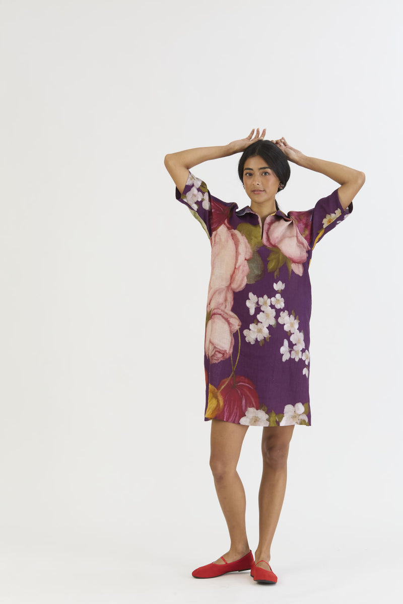 JAMUN SHORT COLLARED DRESS linen by Yam in purple color for women in Singapore