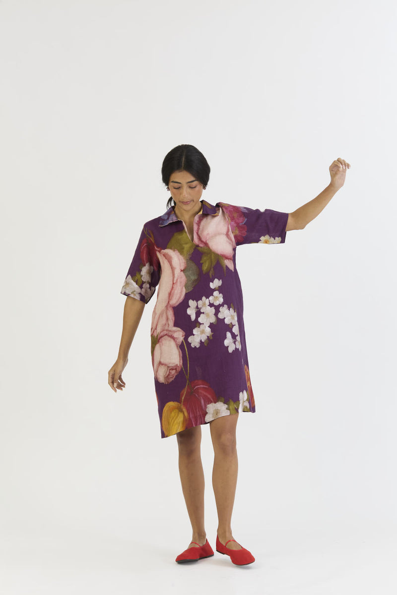 JAMUN SHORT COLLARED DRESS linen by Yam in purple color for women in Singapore