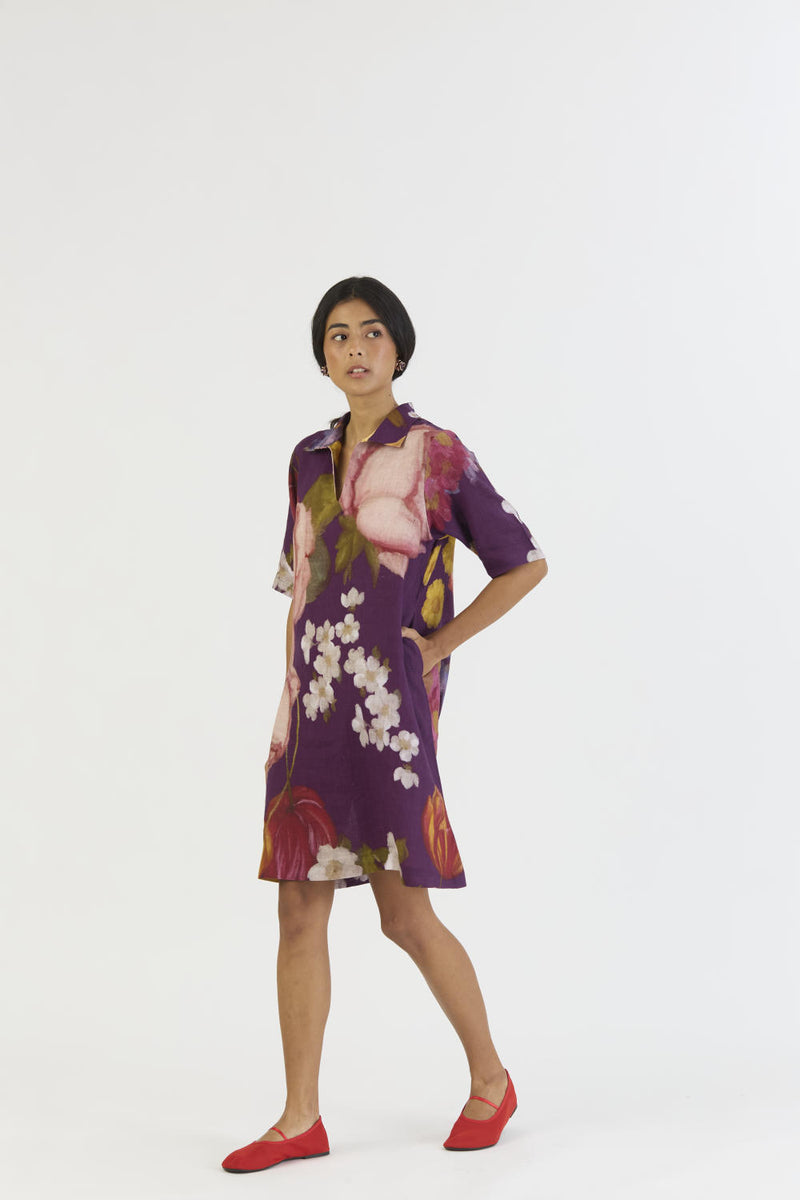 JAMUN SHORT COLLARED DRESS linen by Yam in purple color for women in Singapore