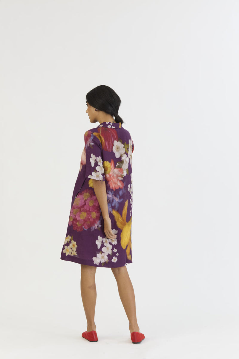 JAMUN SHORT COLLARED DRESS linen by Yam in purple color for women in Singapore
