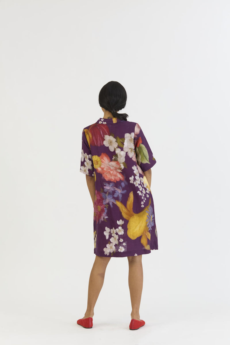 JAMUN SHORT COLLARED DRESS linen by Yam in purple color for women in Singapore