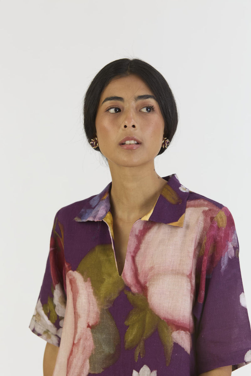 JAMUN SHORT COLLARED DRESS linen by Yam in purple color for women in Singapore